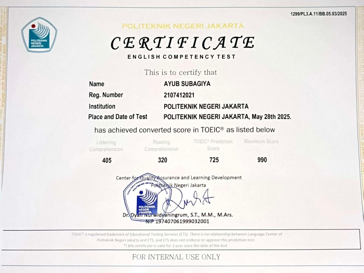 TOEIC English Certificate